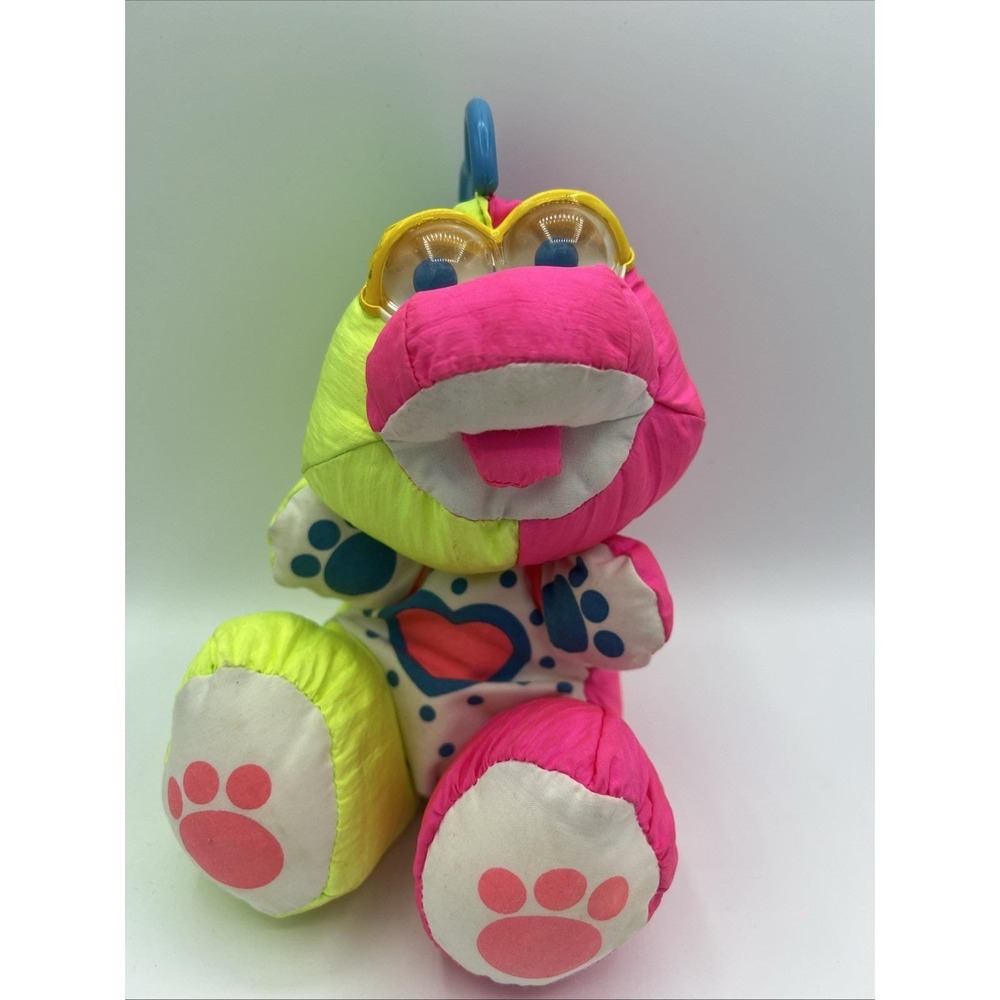VTG 1991 Fisher-Price Dino Baby Puffalump Plush Neon Pink Green Dinosaur #1383